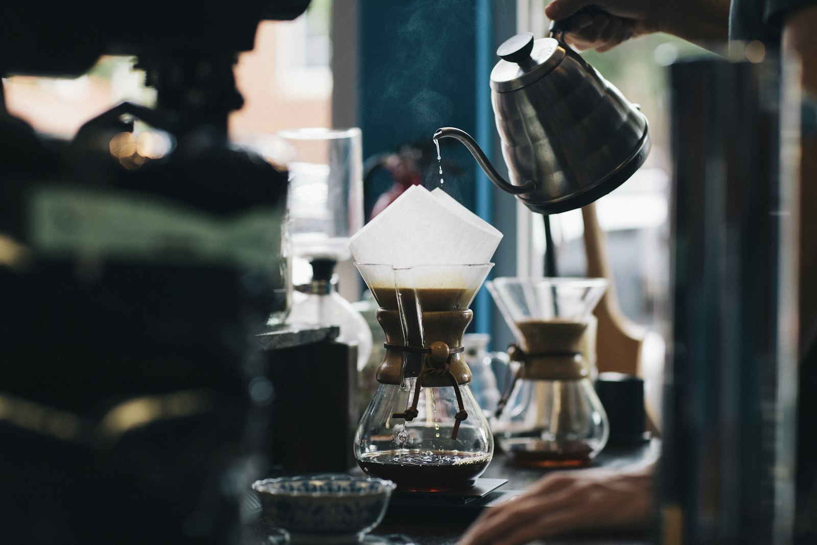 A slow pour-over being brewed on the roastery bar