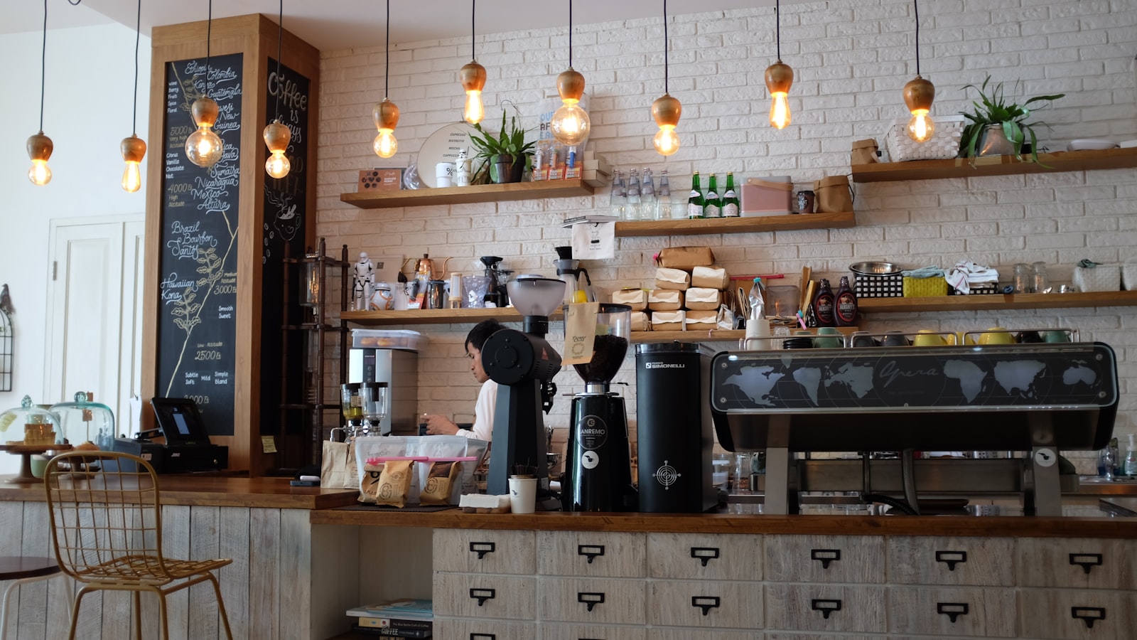 The roastery bar with its espresso machine and shelves
